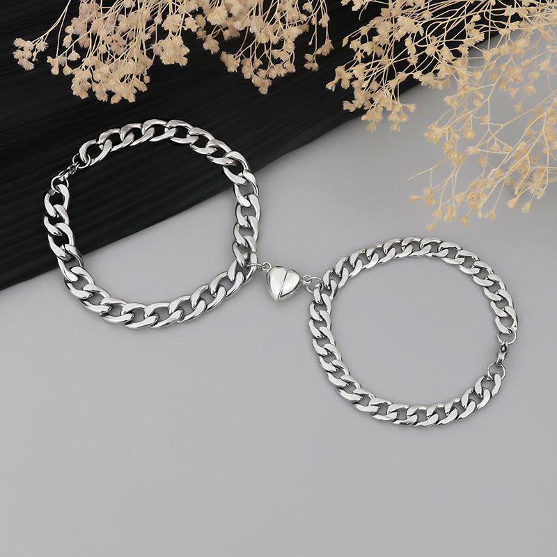 Magnetic Couple Bracelet Stainless Steel Heart Charm Silver NK Chain Bracelets For Lovers Friend